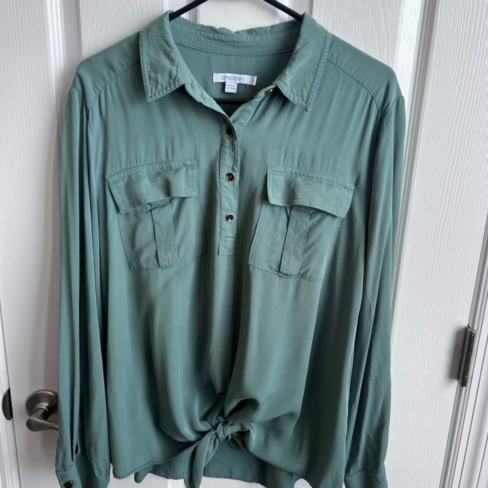 Chicos Womens Size 2‎ US 12 Sage Green Tie Front Utility Blouse Long Sleeve Top